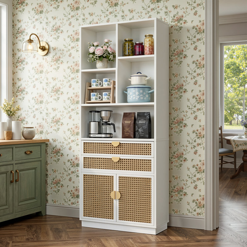 Adonia Rural Retro Style Bookcase With 2 Drawers And Doors, 8 Storage Cubes, Wooden Bookshelves For Home, Office, Kitchen, White
