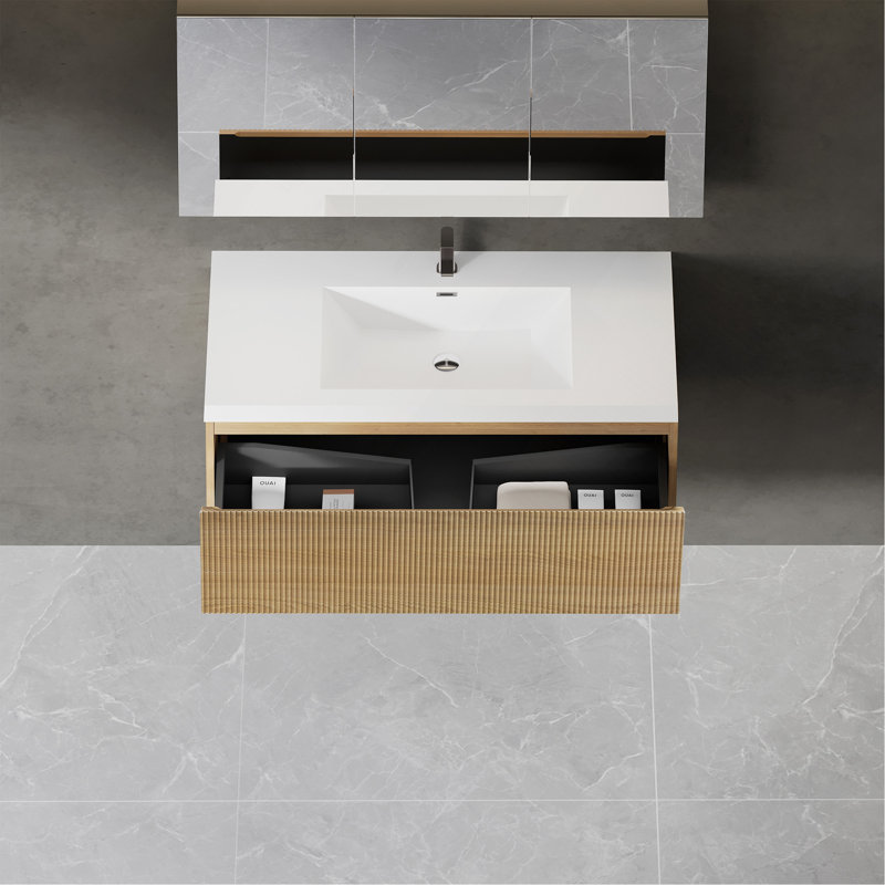 Meuble-lavabo flottant 42 po avec lavabo, meuble de rangement mural rayé avec tiroir à fermeture en douceur et lavabo blanc brillant, entièrement assemblé