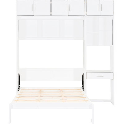 White Full Size Bed With Built - In Desk And Top Cabinet For Small Living Areas Foldable Wall Overhead Storage A Smart Layout