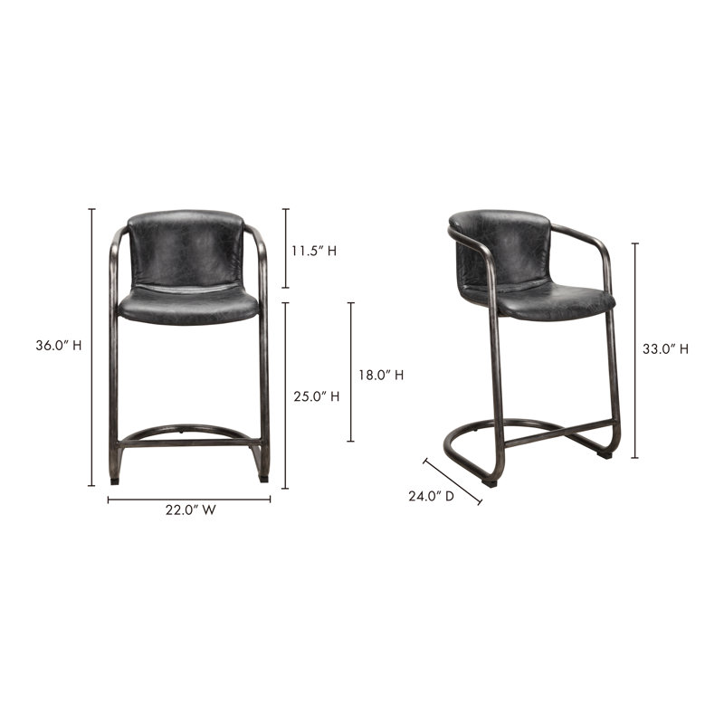 Freeman Bar Stool, Black Genuine Leather, Counter Stool (25" Seat Height)