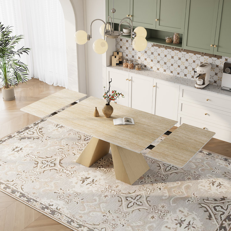 Lethia 63 to 94" Extendable Sintered Stone Dining Table for 4-10, Table top with Black Carbon Pedestal, Beige, Beige