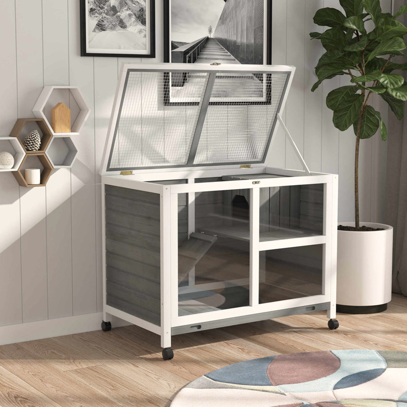 Enceinte de lapin compacte avec qualités réglables - imperméable, grise, mobile sur roulettes grise