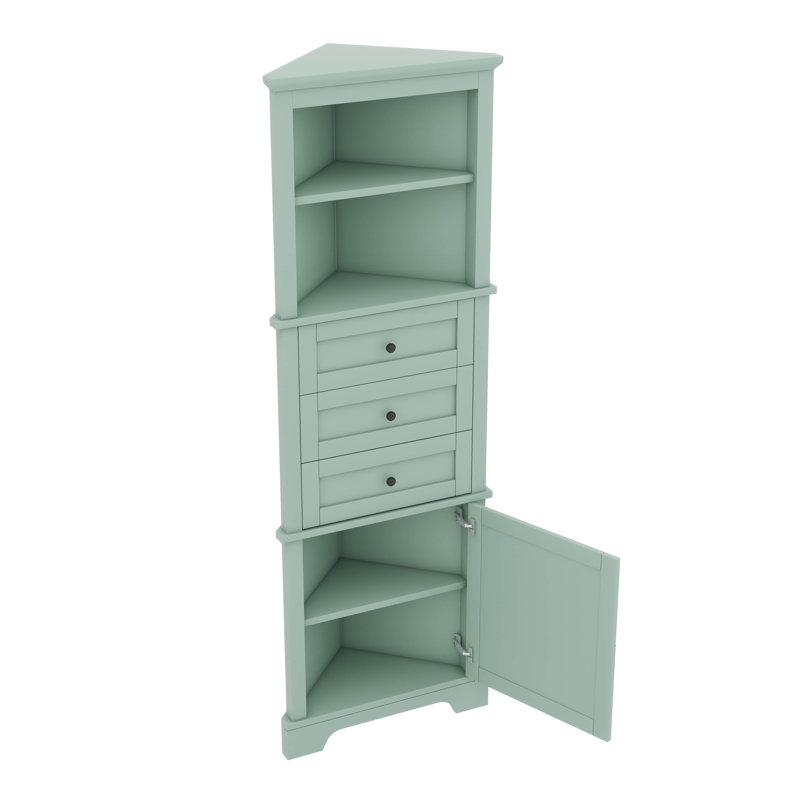 Armoire de coin triangulaire avec trois tiroirs et tablettes personnalisables, Vert
