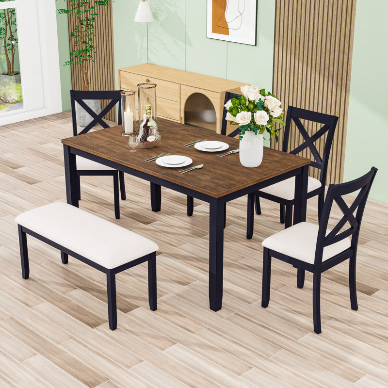 Wooden Dining Table Set with Bench, Black/Oak