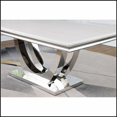 Table de salle à manger rectangulaire en U Allessandra blanche et chrome, alliant élégance moderne et design fonctionnel pour les maisons contemporaines.