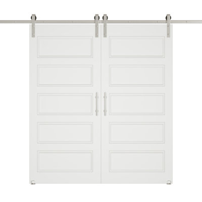 80"H 5 Panel Waterproof White Primed Solid Core Composite MDF Wood Sliding Barn Door with Hardware Kit