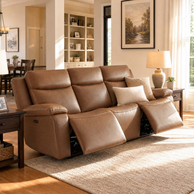 Kenol 88.2'' Wide Brown Camel Genuine Leather Power Reclining Sofa with Adjustable Headrest, Brown