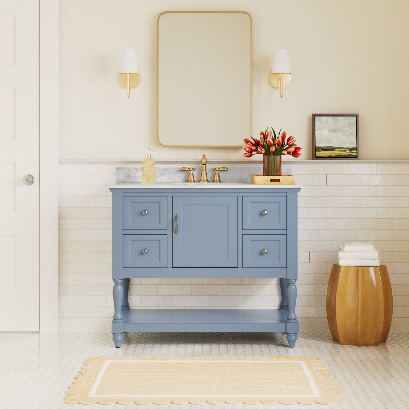 Hampton 42'' Single Bathroom Vanity, Carrara Marble, Powder Blue