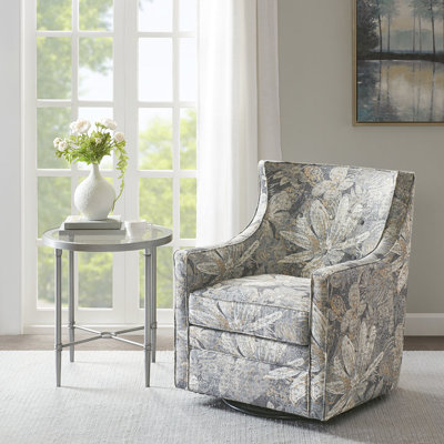 Chaise pivotante à dossier incurvé - rotation de 360 degrés, sans assemblage, revêtement bleu multicolore, coussin de siège amovible, base en bois massif et en métal