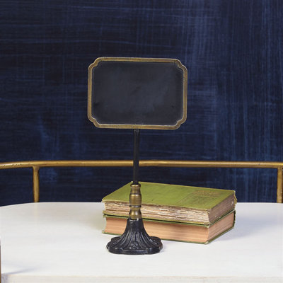 Rectangular Carved Metal Chalkboard Stand, Black And Brass
