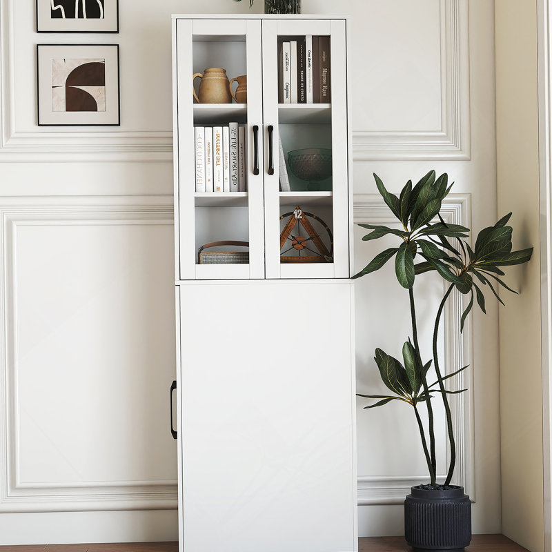 Armoire de rangement H 70,87 po, étagère de rangement coulissante multi-fonctions à 4 niveaux et 2 portes en verre, grande bibliothèque moderne en bois pour le bureau à domicile