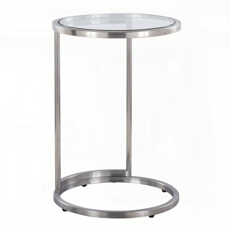 Table de bout ronde Zenn avec tablette en verre trempé en porte-à-faux - Acier inoxydable, Argent