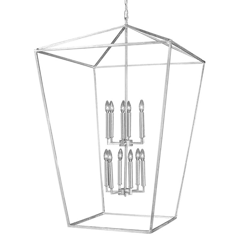 Lustre géométrique à 12 lumières avec détails en fer forgé Vegas, Feuille d'argent