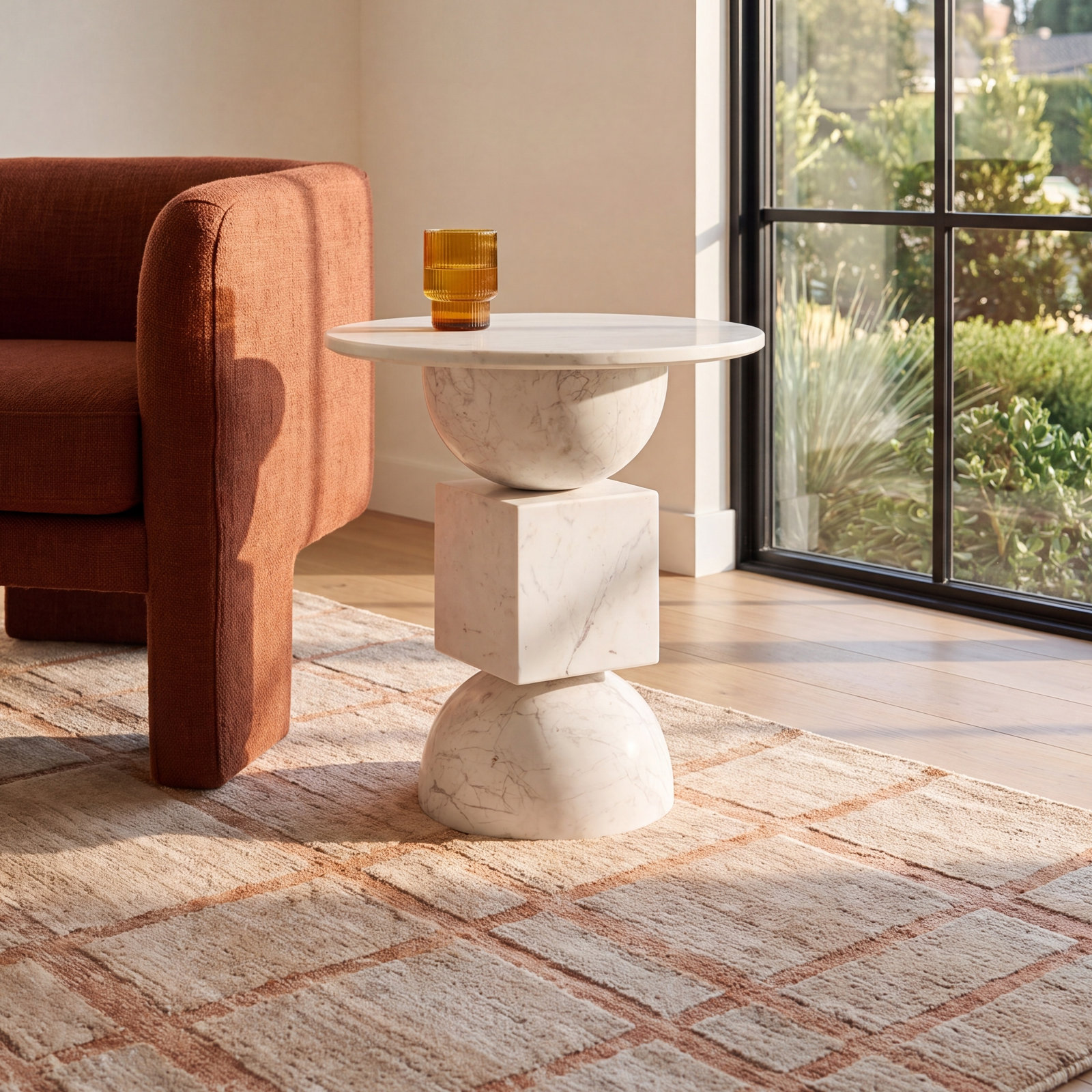 Zed 18" Genuine Marble End Table, Polished White