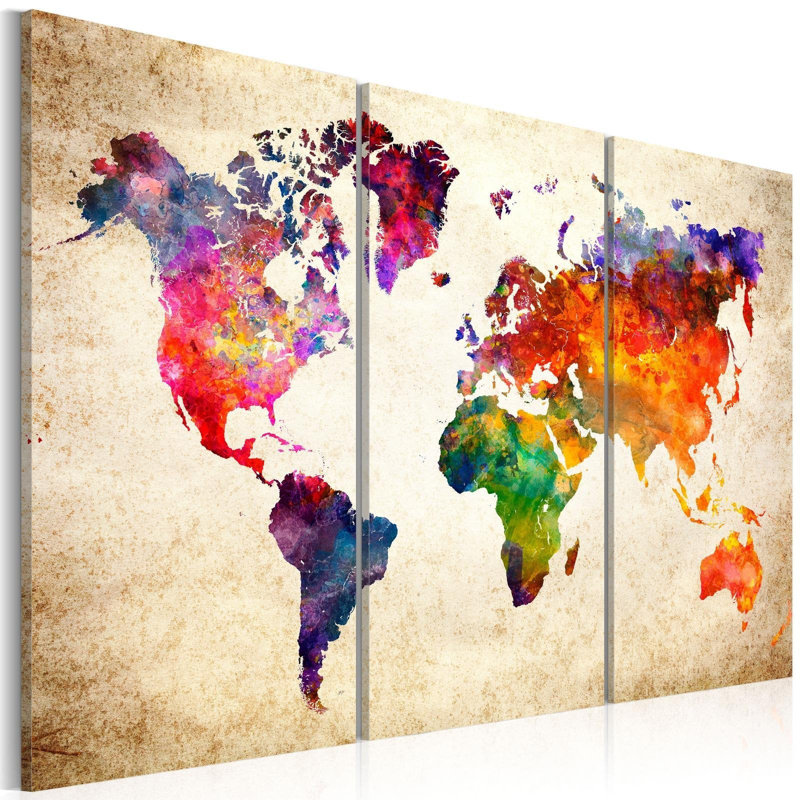Carte du monde à l'aquarelle, 3 pièces, H 24 po x l 36 po x P 0,7 po