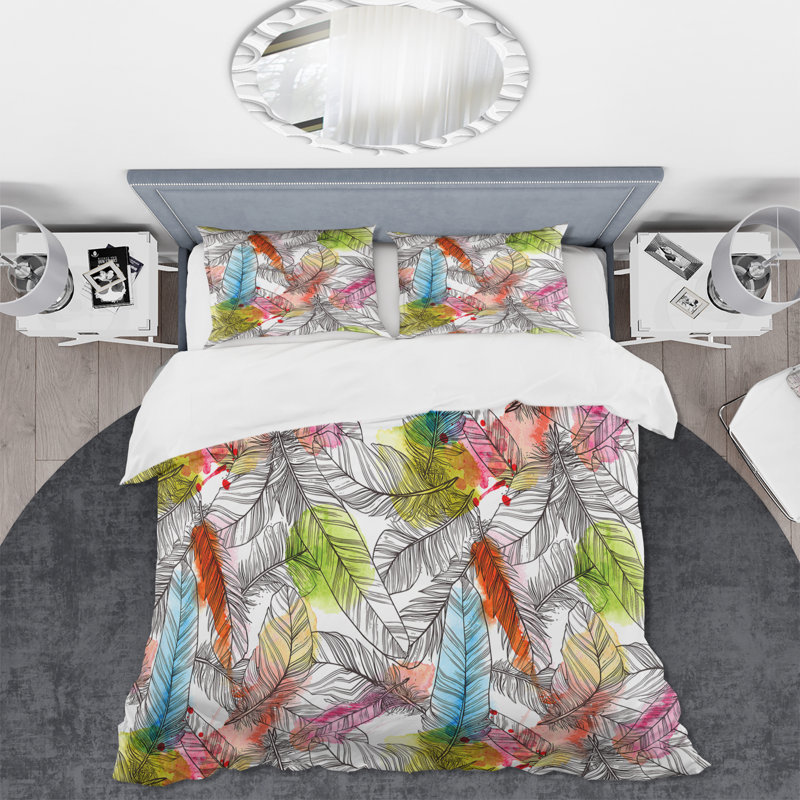 Plumes de bohème bleues et vertes - Ensemble de housse de couette bohémien - Polyester en microfibre