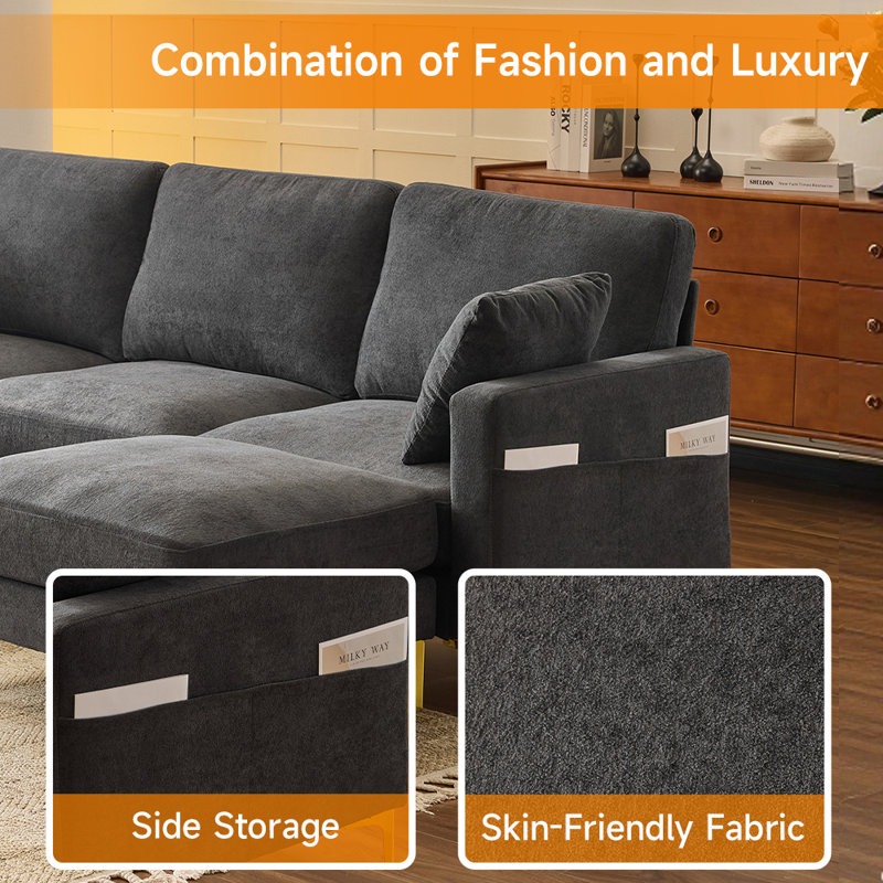 100'' Gray Chenille U-Shaped Square Couch With 2 Ottoman And Side Storage, Gray