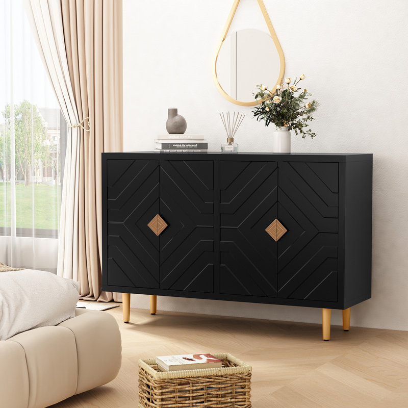Shonnell 47.8'' Modern Sideboard Cabinet with 4 Embossed Pattern Doors for Kitchen, Living Room, Black