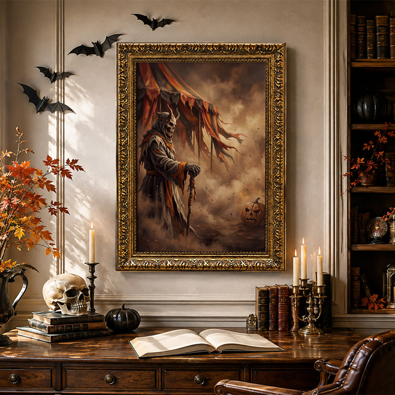 Toile murale d'Halloween représentant un squelette cornu avec une citrouille et une tente en lambeaux, H 24 po x l 16 po
