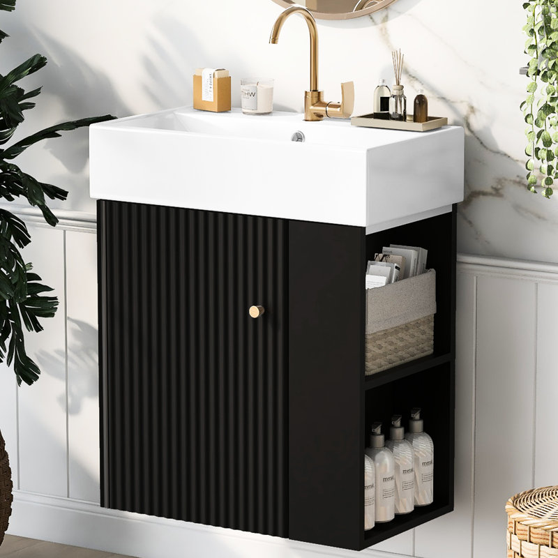 Meuble-lavabo de salle de bain 21,6 po - Lavabo en céramique, rangement à droite, meuble-lavabo moderne en céramique noire