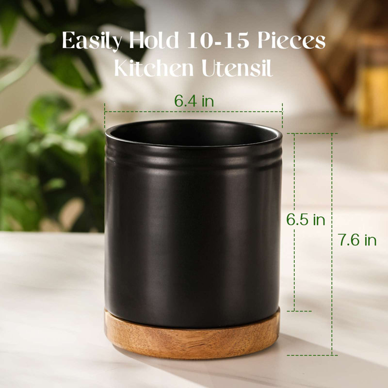 DOWAN 6" Rotating Utensil Holder - Matte Black Ceramic