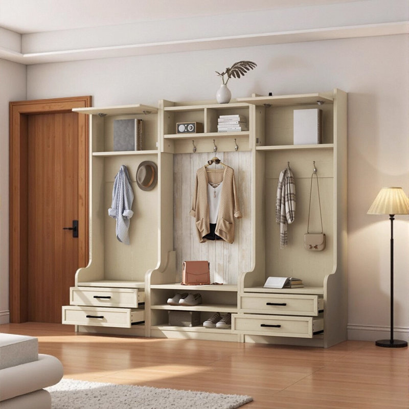 4-in-1 Detachable Hall Tree with Storage and 7 Hooks: Multi-Function Entryway Solution in Antique Beige, Beige
