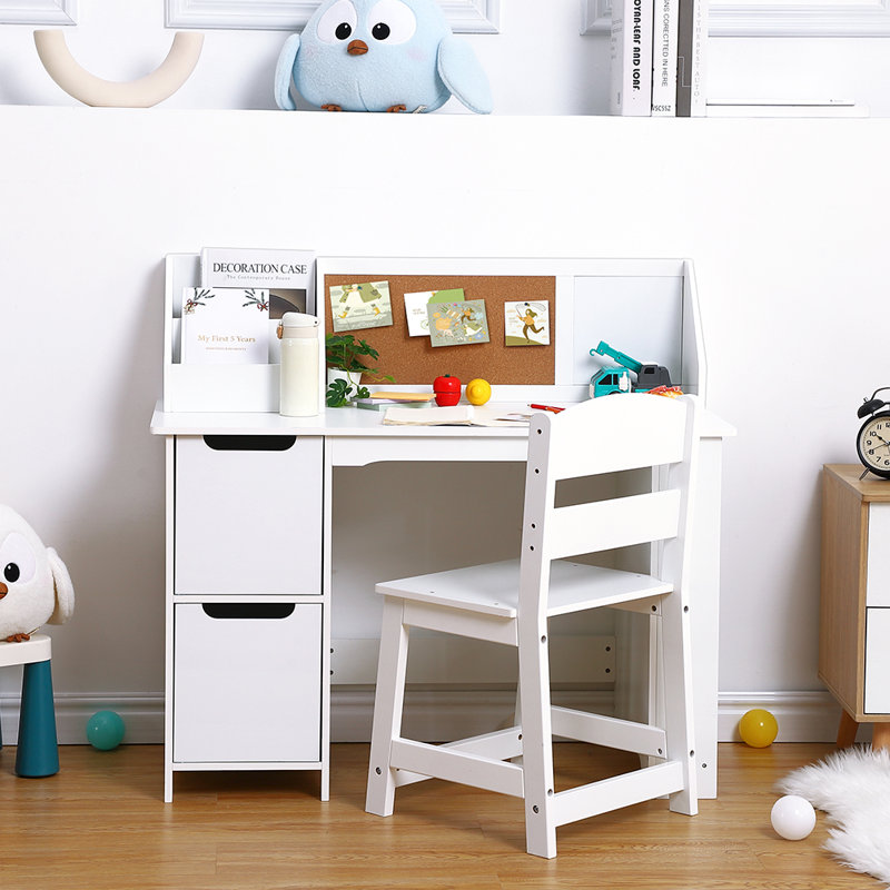 Kids Desk and Chair Set, Wooden Study Table with Storage, Hutch and Bulletin Board, White