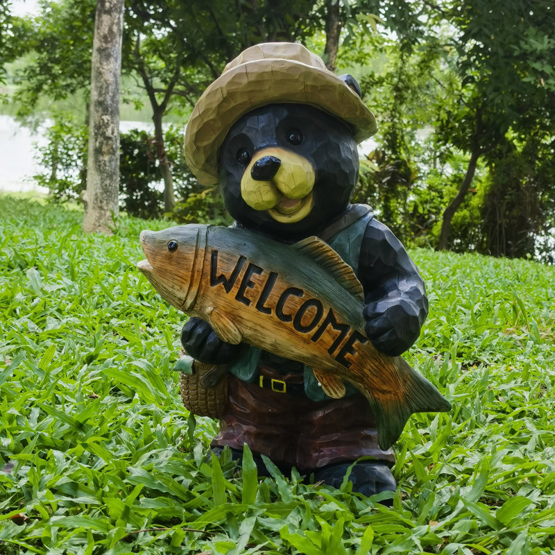 Panneau de bienvenue «Bear with Fish» pour jardin ou maison
