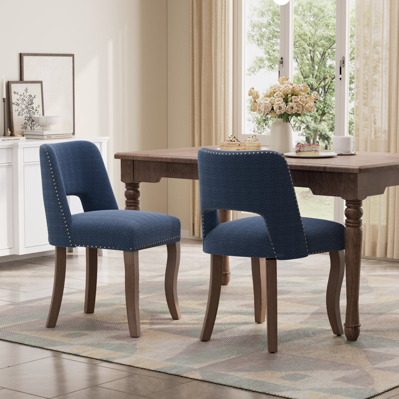 French Farmhouse Dining Chairs Set of 2/4, Fabric Upholstered with Hollow-out Back Design for Kitchen, Dining, 4, Blue