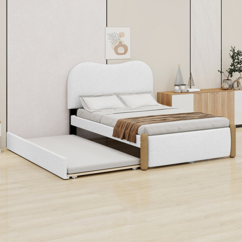 Lit plateforme tapissier avec pieds et gigogne en bois, Lit simple, Blanc