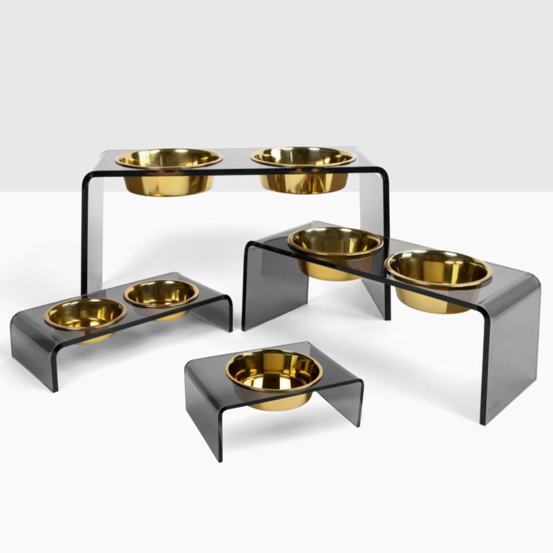 Single Bowl Elevated Feeder with Bowl, Gold, Smoke Grey