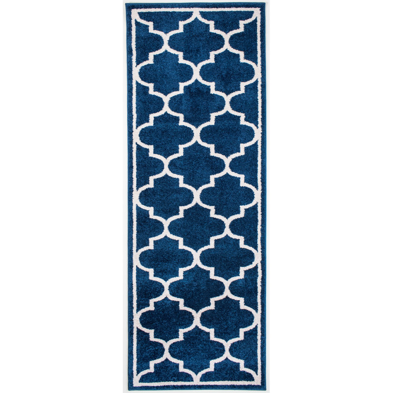 Tapis bleu à motif géométrique Tangires, Tapis de couloir 2 pi 7 po x 7 pi 1 po