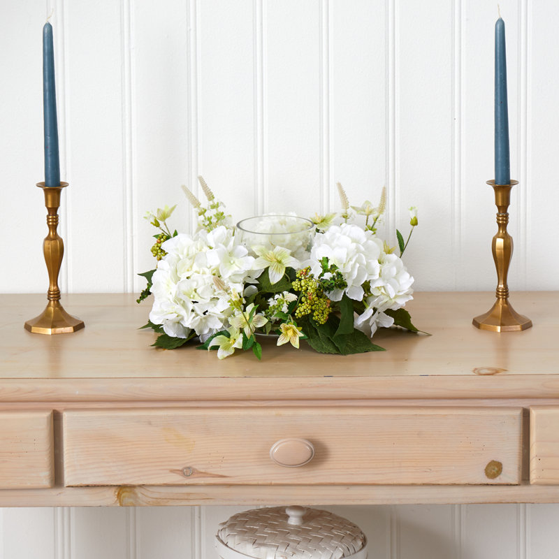 Candélabre en vase hortensia, H 6 po x l 16 po x P 16 po