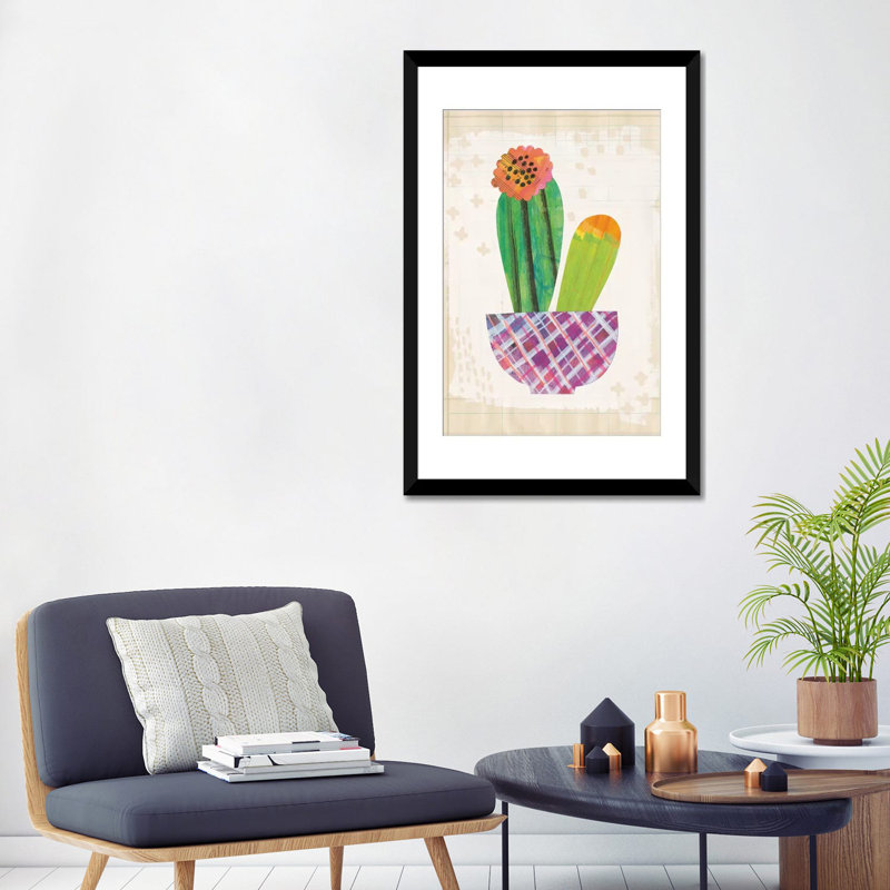 «Collage Cactus II.A», impression sur toile tendue, H 32 po x l 24 po x P 1 po, Papier d'art encadré noir, Blanc