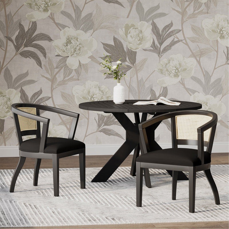 Chaises de salle à manger en velours Ashia, bois d'hévéa et canne, Tissu performance noir