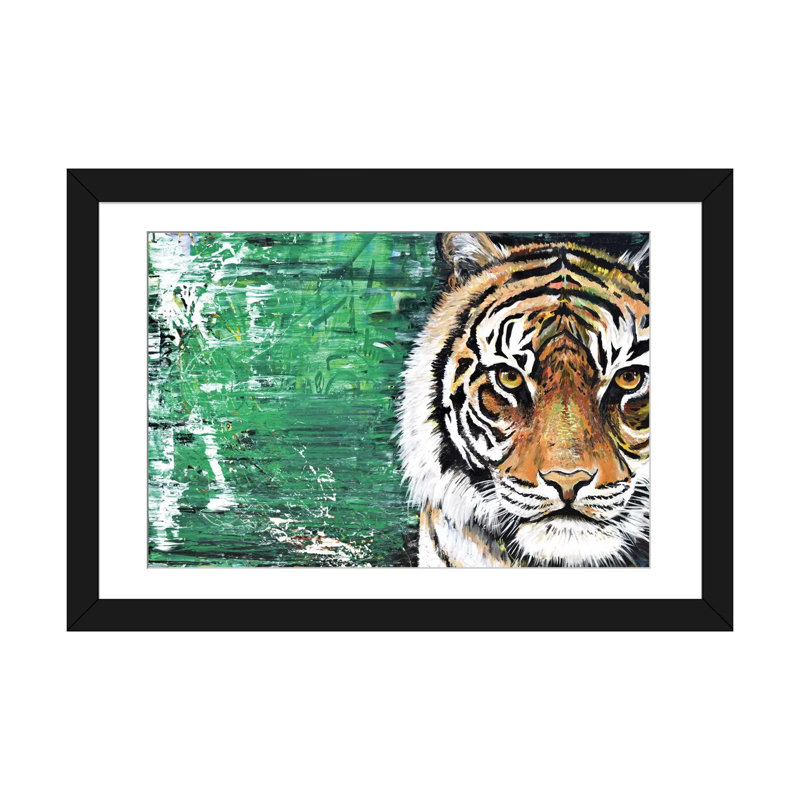 Tiger, reproduction d’art sur toile tendue, H 24 po x l 32 po x P 1 po, Papier d'art encadré noir, Blanc