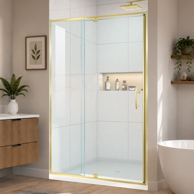 44 - 48 in. W x 71 in. H Pivot  Shower Door in Brushed Gold with Clear Glass, Brushed Gold, Clear