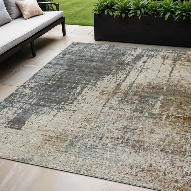 Tapis d'extérieur lavable abstrait brun et gris 5 pi x 8 pi beige