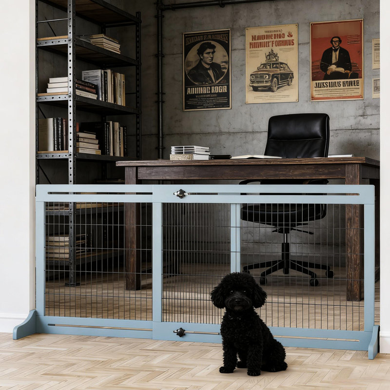Barrière pour animaux rétractable en bois de pin et en acier, d'une largeur de 41 po à 70,9 po, d'une hauteur de 27,25 po, bleu-gris, idéale pour les espaces domestiques