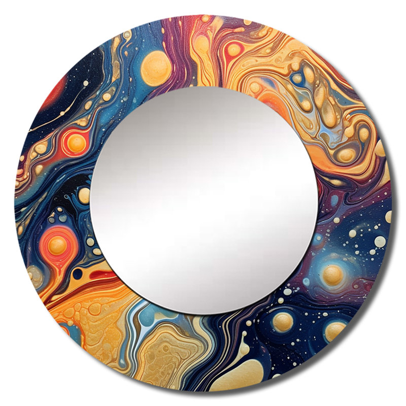 Orange bleu galactique univers II - grand miroir mural Comets, miroir décoratif moderne, impression d'art en métal, Rond