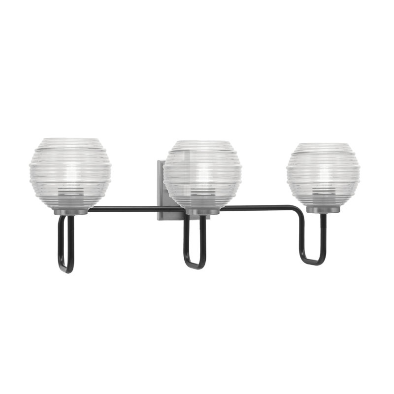Amarmula 3 Light Bath Bar, Matte Black & Graphite Finish, 6" Smoke Ribbed Glass, Clear/Black, Black/Nickel
