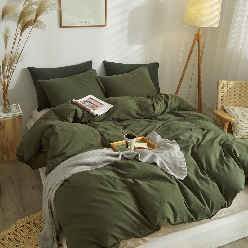 Washed Cotton Boho Soft Duvet Cover Set, Army Green, Twin Duvet Cover + 1 Standard Pillowcase