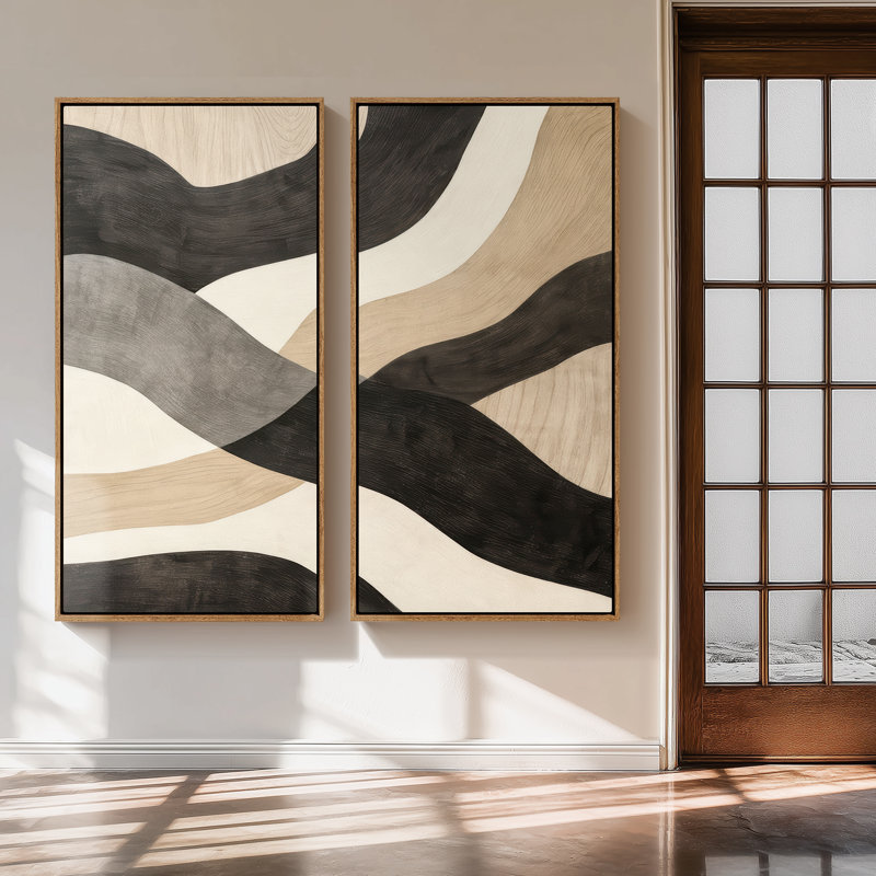 Neutral Wave Pattern Modern Abstract for Dining Room - Set of 2 Framed Wall Art Print on Canvas, 60"x30"x2pcs, 60" H x 30" W