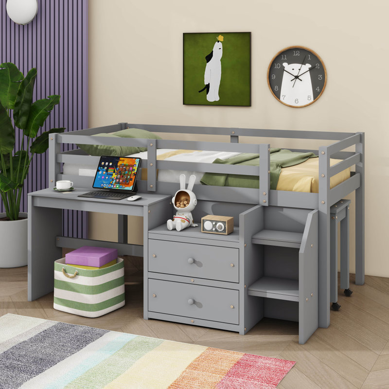 Lit mezzanine avec bureau et tiroirs Jianah, Simple, gris