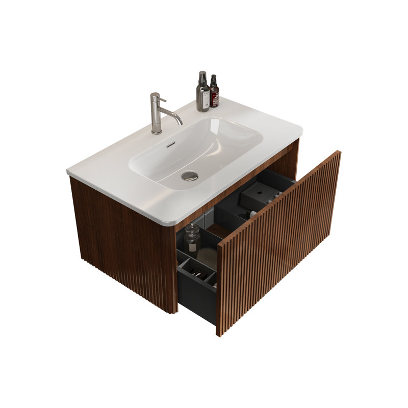 Gustavs Wall Mounted Single Bathroom Vanity with Ceramic Top, Walnut, 30"