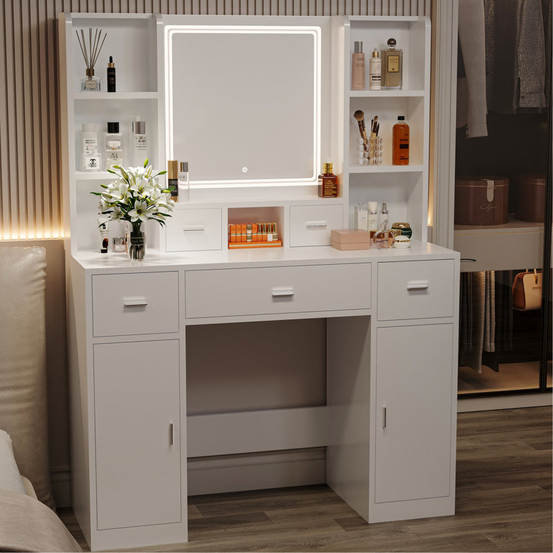 Meuble-lavabo avec miroir à DEL et fabrication - 5 tiroirs, 2 armoires pour coiffeuse de chambre à coucher blanche
