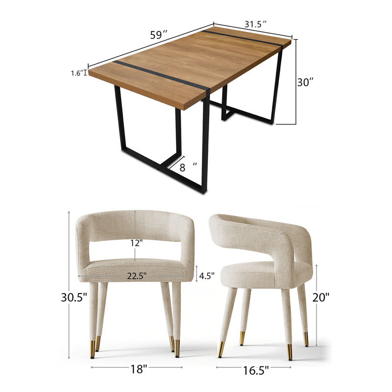 Modern 5-Piece Dining Set With 59" Rectangular Table And 4 Upholstered Arm Chairs, Khaki