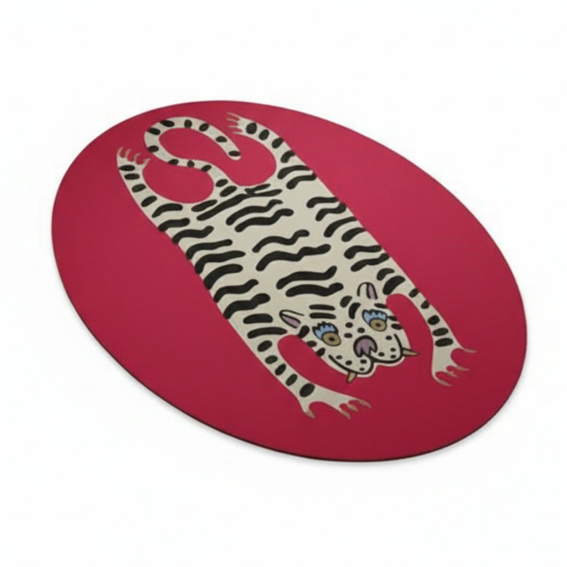 4' x 6' Machine Washable 100% Cotton Playful White Tiger Oval Raspberry Red Area Rug