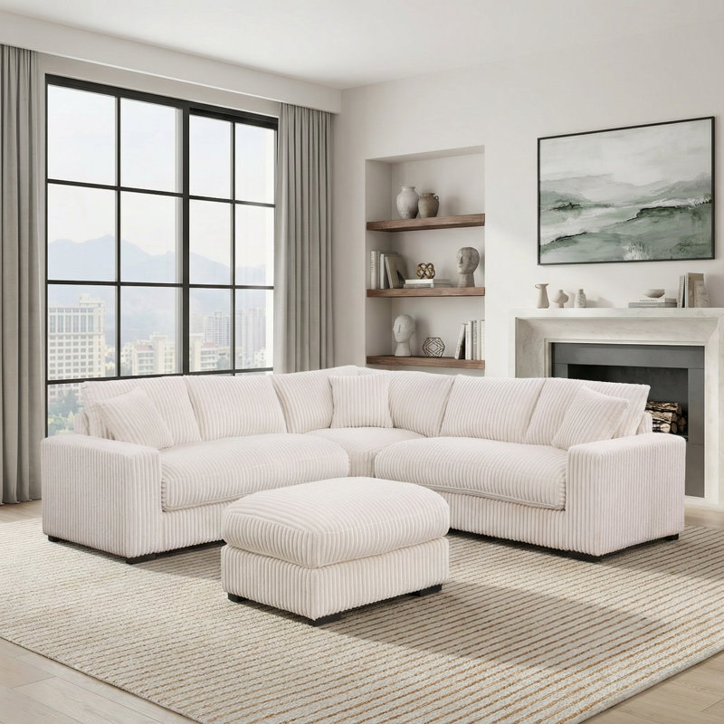 98" Modern Plush Corduroy Sectional Sofa with Modular, Reversible Design, Beige Corduroy