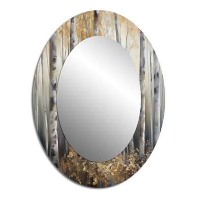 Birch Tree Forest Wonderland III - Grand miroir mural ovale sur métal